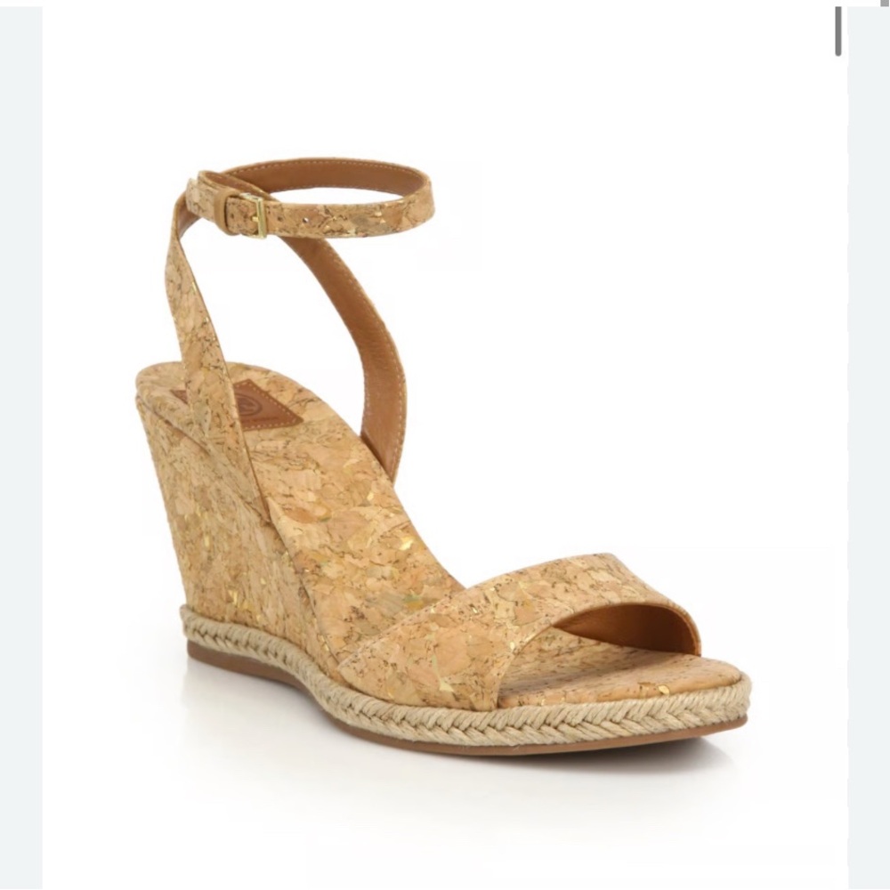 Tory Burch Marion Quilted Cork Espadrille Wedge Natural Gold Sandals Ankle Wrap